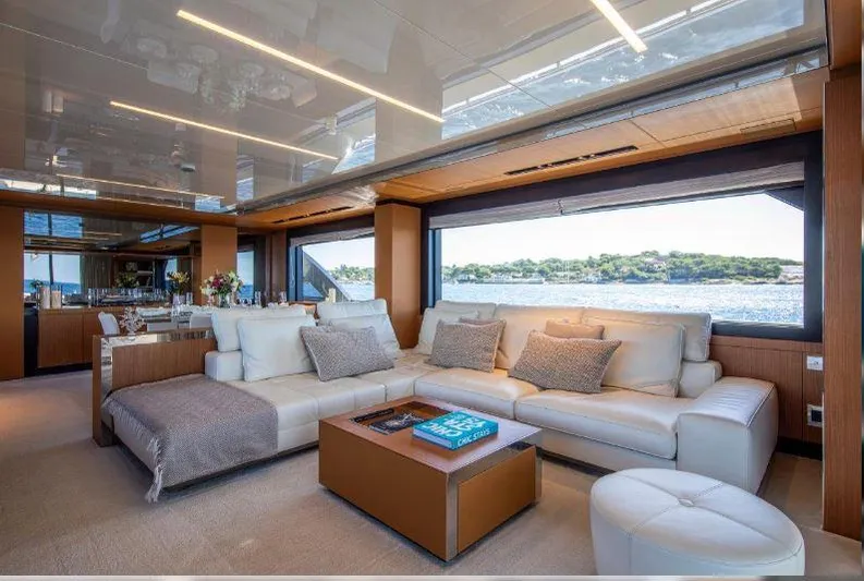  Yacht Photos Pics Luxurious interior of 2019 Riva 100' Corsaro yacht with elegant seating and scenic views.