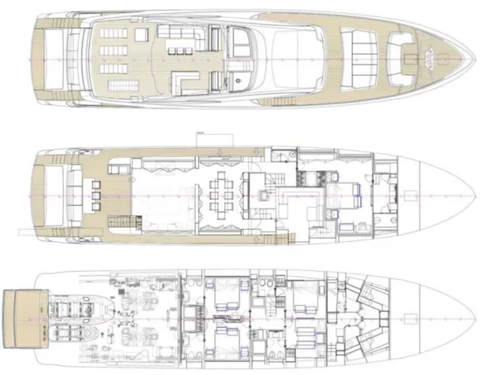  Yacht Photos Pics Floor plan of 2019 Riva 100' Corsaro luxury yacht, showcasing three detailed levels.