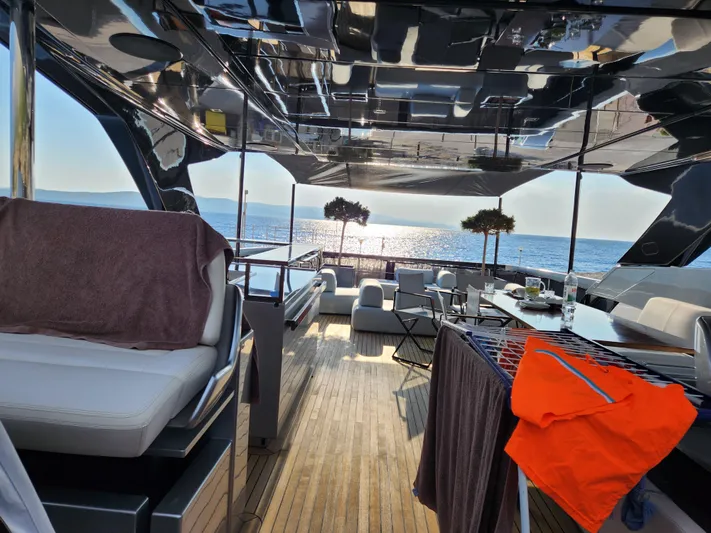  Yacht Photos Pics Luxurious 2019 Riva 100' Corsaro yacht deck with ocean view and modern seating.