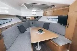  Yacht Photos Pics Interior of 2023 Beneteau Flyer 9 SUNdeck with gray upholstery.