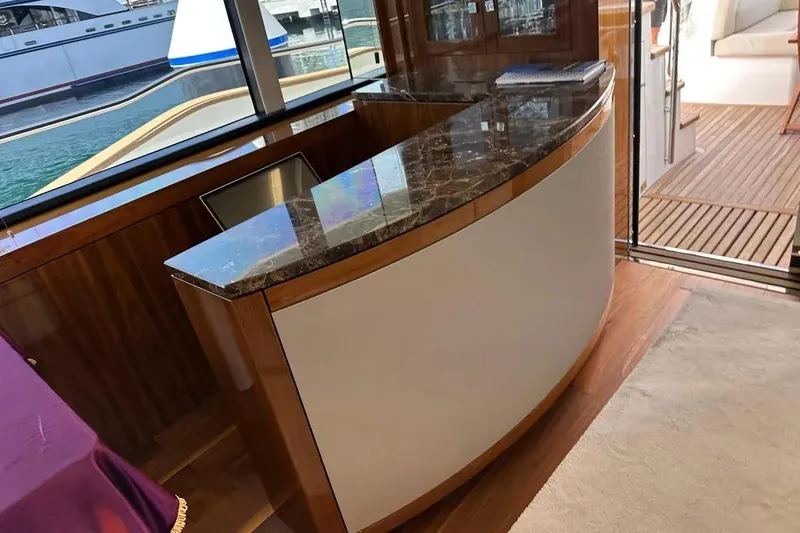  Yacht Photos Pics Luxurious interior of 2018 Sunseeker 95 yacht with elegant marble countertop.