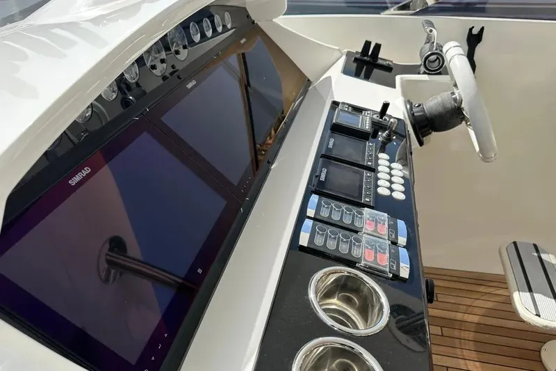  Yacht Photos Pics Control panel of a 2018 Sunseeker 95 yacht with advanced navigation systems.