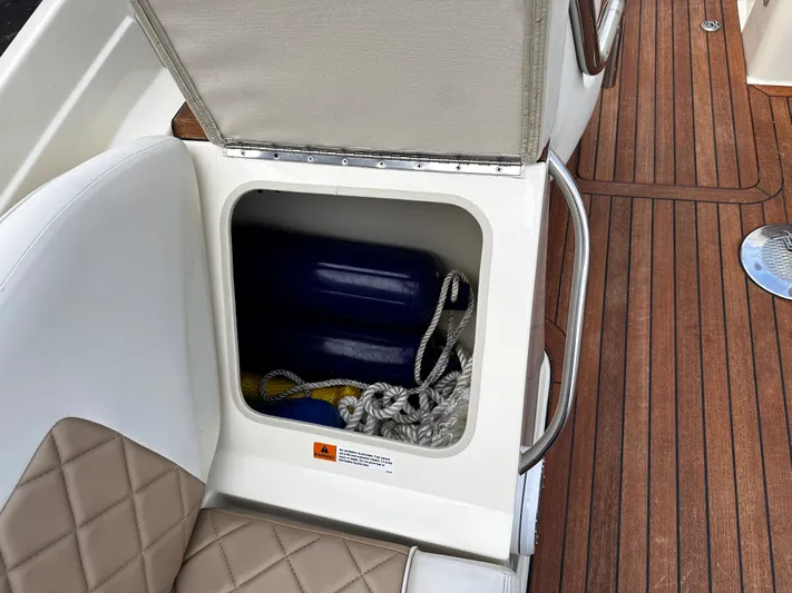  Yacht Photos Pics Storage compartment on a 2014 Chris-Craft 28 LAUNCH boat with ropes and fenders.