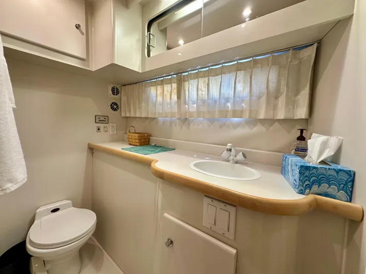 Dawn Yacht Photos Pics Bathroom interior of 1995 Carver 440 Aft Cabin Motor Yacht, featuring sink and toilet.