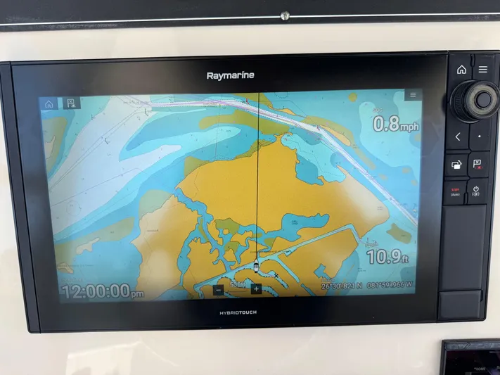  Yacht Photos Pics Raymarine navigation display on 2018 Boston Whaler 330 Outrage, showing nautical chart and speed.