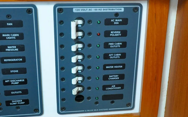 Kanga Yacht Photos Pics Catalin 42 MKI - Kanga - Salon - Navigation Station - 120 Volt Electrical Distribution Panel