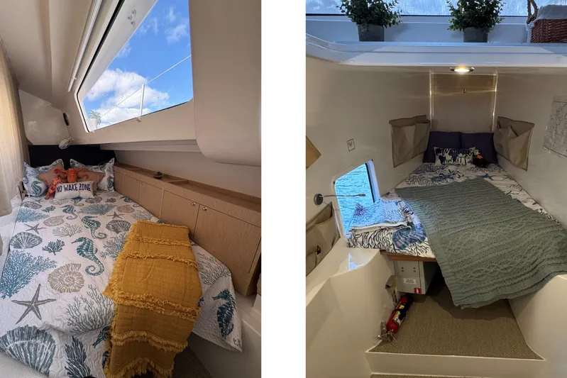  Yacht Photos Pics Interior of 2023 NEEL 43 yacht with cozy, decorated sleeping quarters.