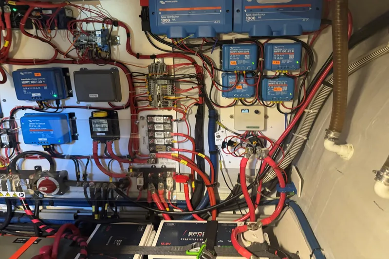  Yacht Photos Pics Electrical system setup in a 2023 NEEL 43 model, featuring wiring and control panels.