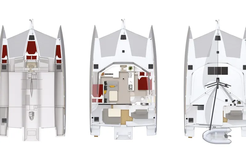  Yacht Photos Pics Top view of 2023 NEEL 43 trimaran layout, showcasing interior and deck design.