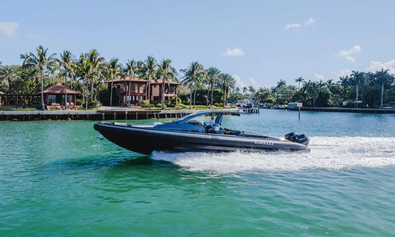Heavy D Yacht Photos Pics 2023 Pirelli Tecnorib 50 speedboat cruising on a tropical waterway with palm trees.