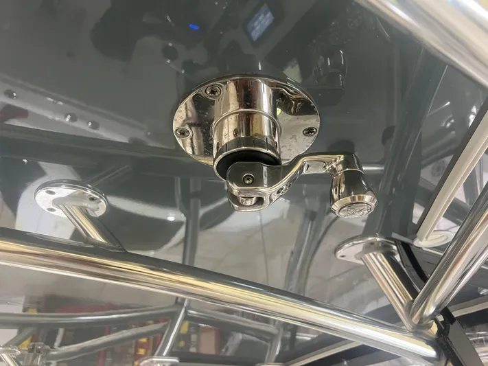  Yacht Photos Pics Close-up of a 2022 Contender 39 ST boat's stainless steel fitting and structure.