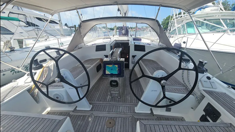 Acadia Yacht Photos Pics 2016 Hanse 415 yacht cockpit with dual steering wheels and navigation system.