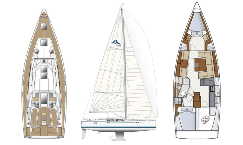 Acadia Yacht Photos Pics 2016 Hanse 415 sailboat layout and design, featuring deck and interior plans.