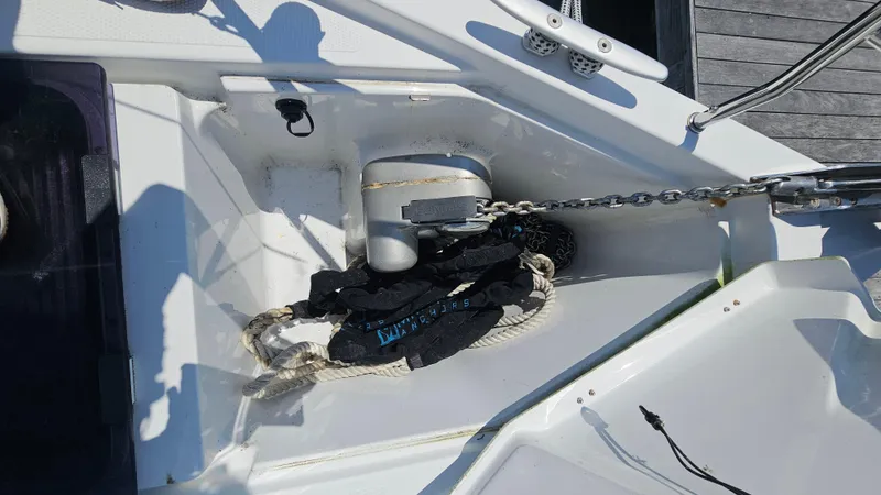 Acadia Yacht Photos Pics Anchor chain and ropes on a 2016 Hanse 415 sailboat deck.