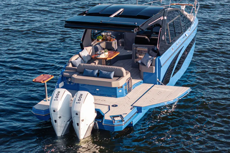  Yacht Photos Pics Luxurious 2026 Hanover 347 yacht with spacious deck and twin engines on open water.