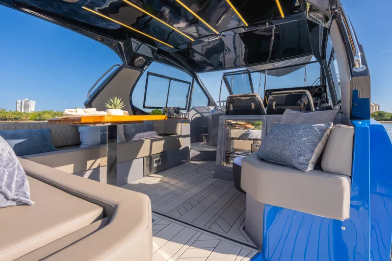  Yacht Photos Pics Luxurious interior of 2026 Hanover 347 yacht with modern seating and elegant design.