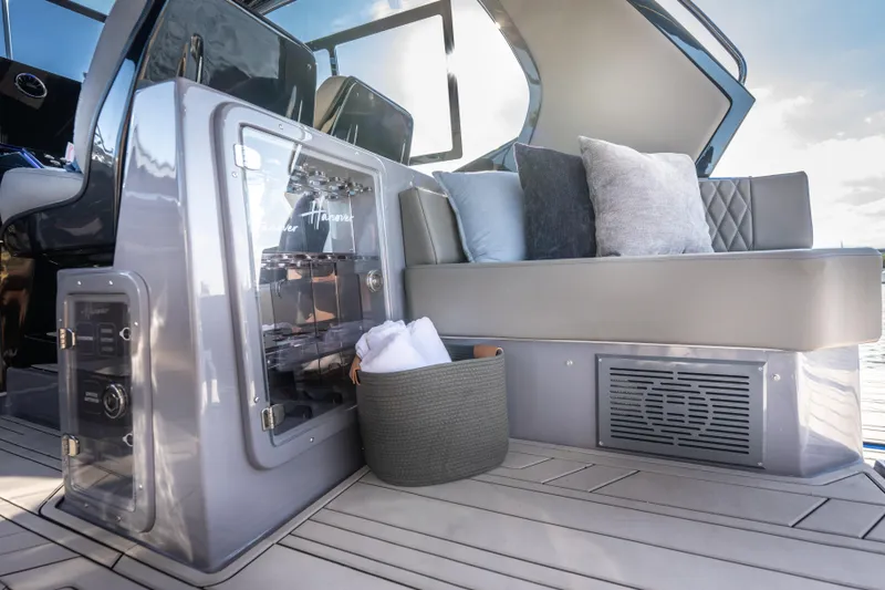  Yacht Photos Pics Luxurious interior of 2026 Hanover 347 yacht with plush seating and modern amenities.