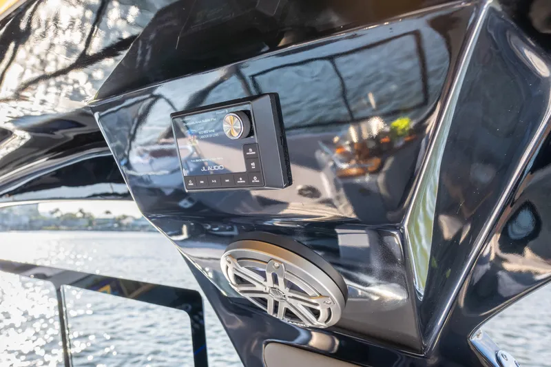  Yacht Photos Pics Control panel of Hanover 347 yacht, 2026 model, featuring JL Audio system.