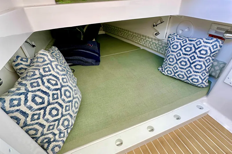 Virago Yacht Photos Pics 2021 Regulator 34SS cabin interior with patterned cushions and green bedding.