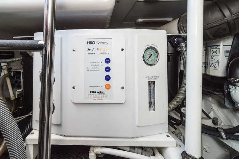 Nauti Pops Yacht Photos Pics HRO Systems Seafari Escape watermaker in 2007 Silverton Convertible yacht engine room.