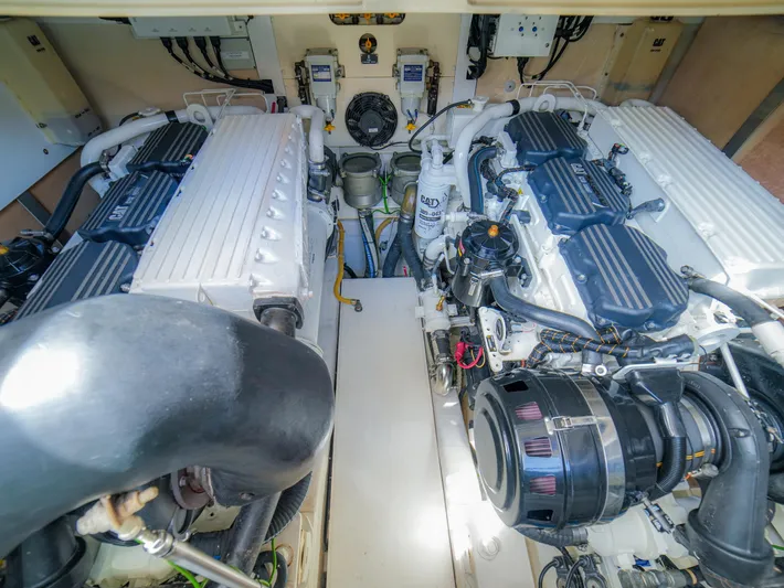 Yolo Yacht Photos Pics Engine room of 2014 Fairline 50 yacht, featuring dual powerful engines.