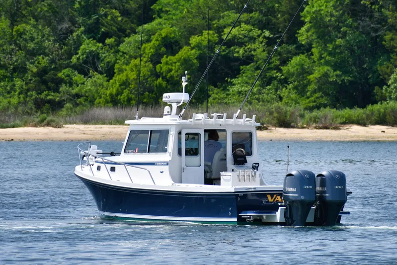  Yacht Photos Pics 2021 Steiger Craft 31 Chesapeake boat cruising on a serene lake with lush greenery.