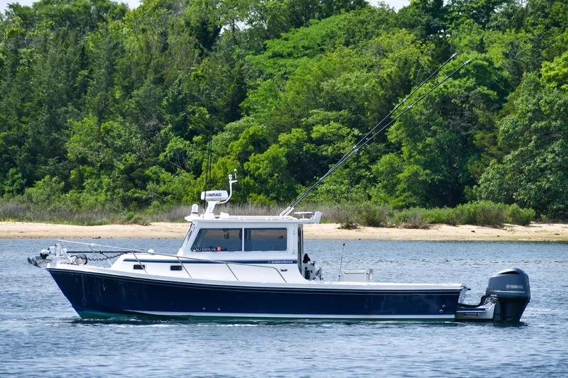  Yacht Photos Pics 2021 Steiger Craft 31 Chesapeake boat on water, surrounded by lush greenery.