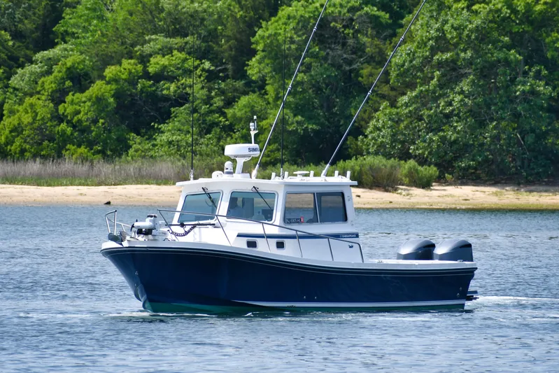  Yacht Photos Pics 2021 Steiger Craft 31 Chesapeake boat cruising on a serene lake with lush greenery.