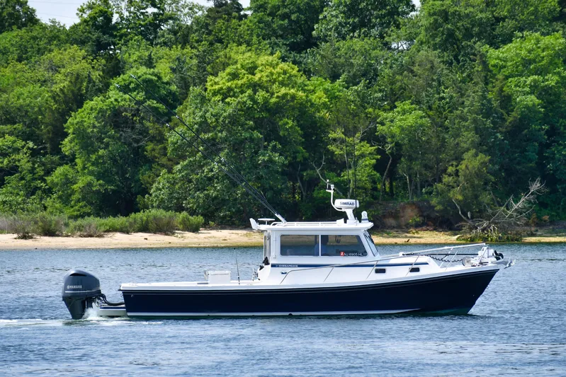  Yacht Photos Pics 2021 Steiger Craft 31 Chesapeake boat cruising near a lush, green shoreline.