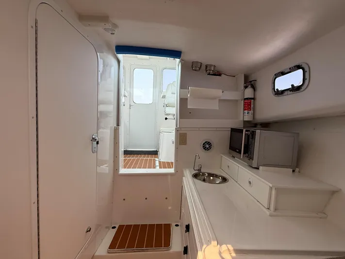  Yacht Photos Pics 2021 Steiger Craft 31 Chesapeake interior with kitchenette, sink, and microwave.