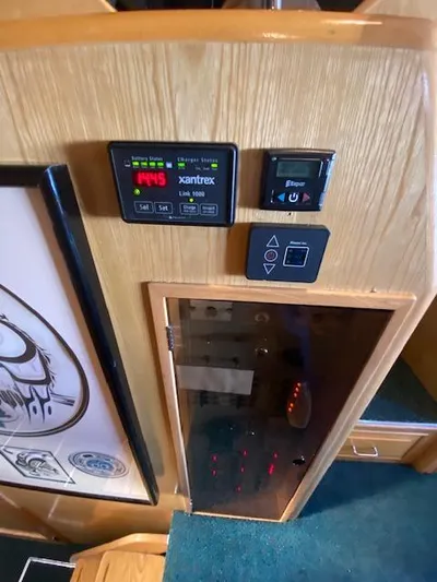  Yacht Photos Pics Control panel inside a 1989 Ocean Alexander 42 yacht, featuring Xantrex Link 1000 display.