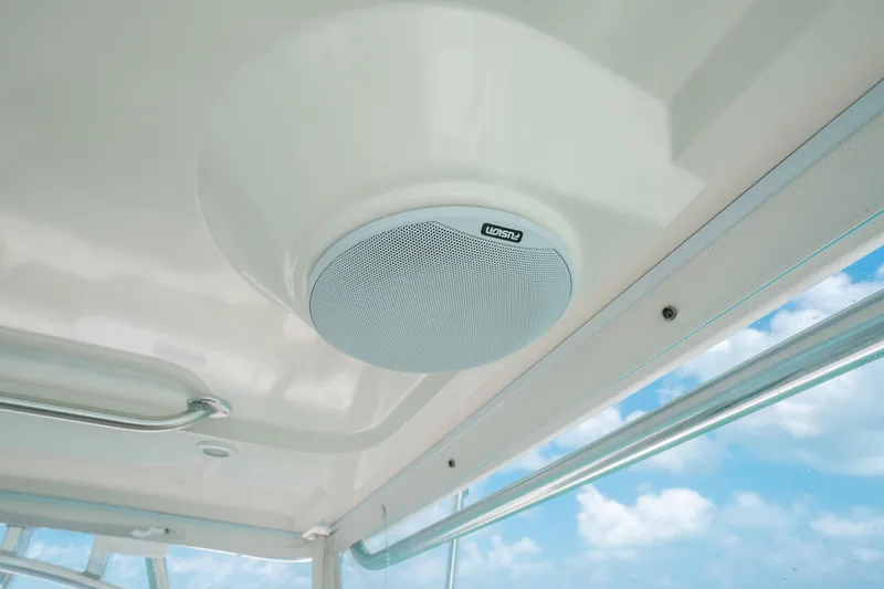 Yacht Photos Pics Ceiling speaker on 2007 Rampage 38 Express boat with blue sky background.