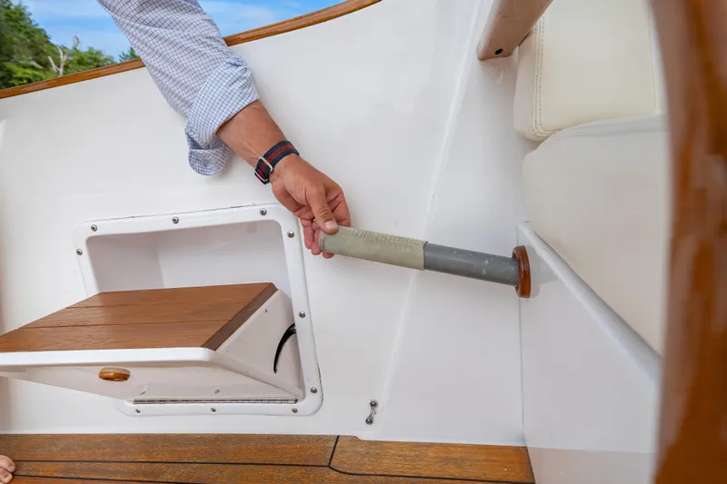 Eloise Yacht Photos Pics 2020 CH Marine Shelter Island Nomad interior detail with wooden seat and handrail.