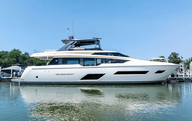 She Said Yes! Again Yacht Photos Pics 2018 Ferretti Yachts 780 on calm water, showcasing sleek design and luxury features.