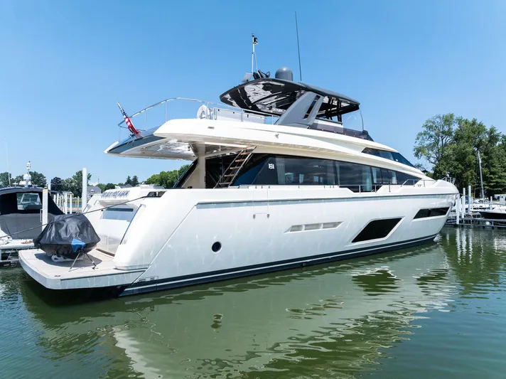 She Said Yes! Again Yacht Photos Pics Luxury 2018 Ferretti Yachts 780 docked in a serene marina setting.