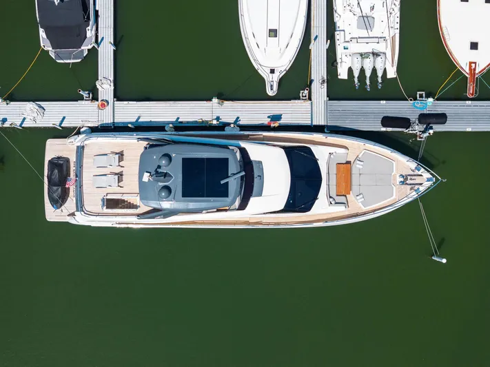 She Said Yes! Again Yacht Photos Pics Overhead view of a 2018 Ferretti Yachts 780 docked at a marina.