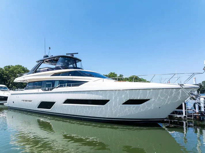She Said Yes! Again Yacht Photos Pics 2018 Ferretti Yachts 780 luxury yacht docked on a sunny day.