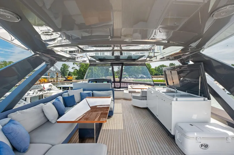 She Said Yes! Again Yacht Photos Pics Luxurious 2018 Ferretti Yachts 780 deck with elegant seating and modern amenities.