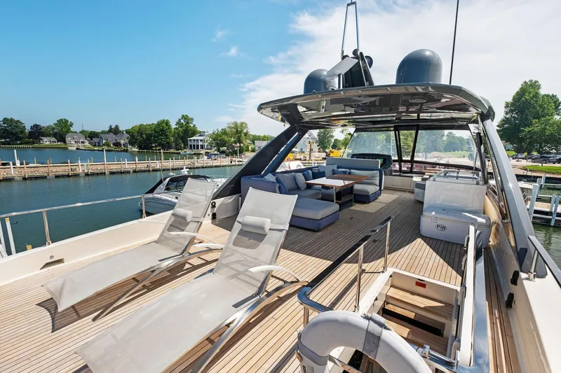 She Said Yes! Again Yacht Photos Pics Luxurious 2018 Ferretti Yachts 780 with spacious deck, sun loungers, and elegant seating area.
