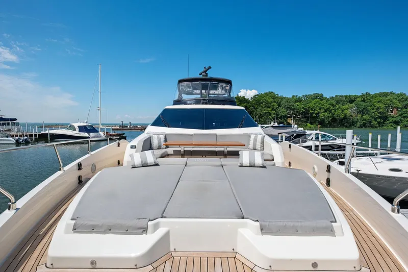 She Said Yes! Again Yacht Photos Pics Luxurious 2018 Ferretti Yachts 780 with spacious sun deck, docked at marina.