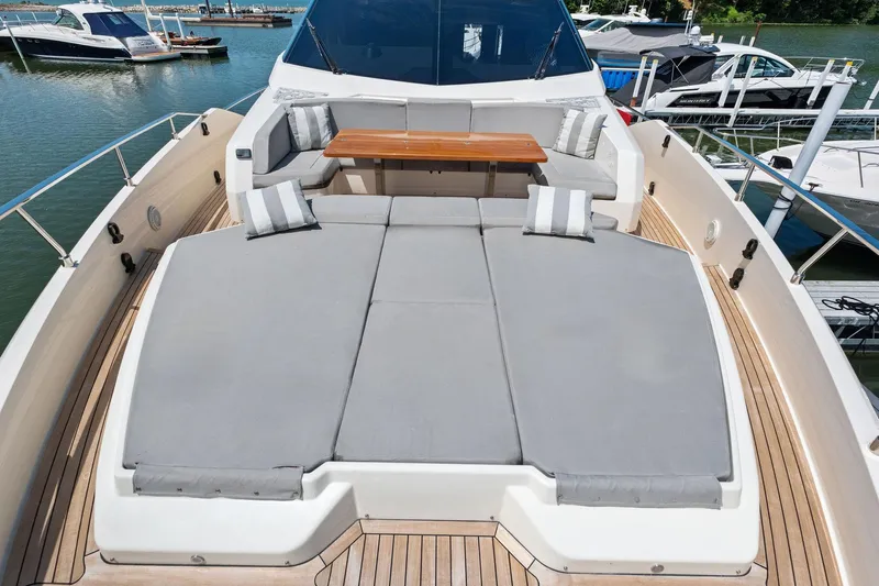 She Said Yes! Again Yacht Photos Pics Luxurious 2018 Ferretti Yachts 780 with spacious sun deck and elegant seating area.