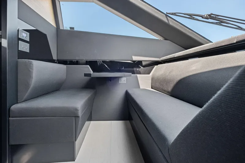 She Said Yes! Again Yacht Photos Pics Interior seating area of 2018 Ferretti Yachts 780, featuring modern design and comfortable upholstery.
