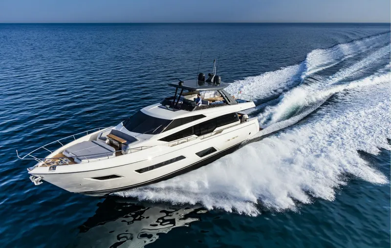 She Said Yes! Again Yacht Photos Pics Luxurious 2018 Ferretti Yachts 780 cruising on open sea, creating dynamic water trails.