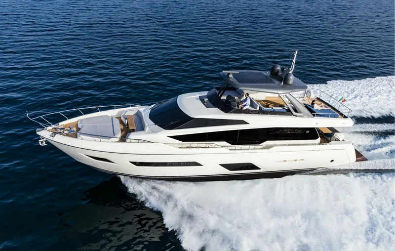 She Said Yes! Again Yacht Photos Pics 2018 Ferretti Yachts 780 cruising on open water, showcasing luxury and sleek design.