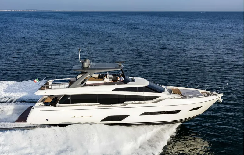 She Said Yes! Again Yacht Photos Pics 2018 Ferretti Yachts 780 cruising on open sea, showcasing sleek design and luxury features.