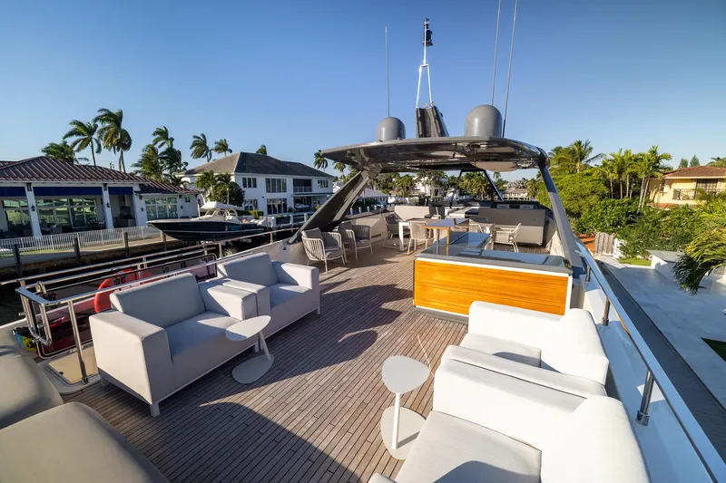 Life: For Sale Yacht Photos Pics Luxurious 2021 Ferretti Yachts 920 deck with modern seating and scenic waterfront view.