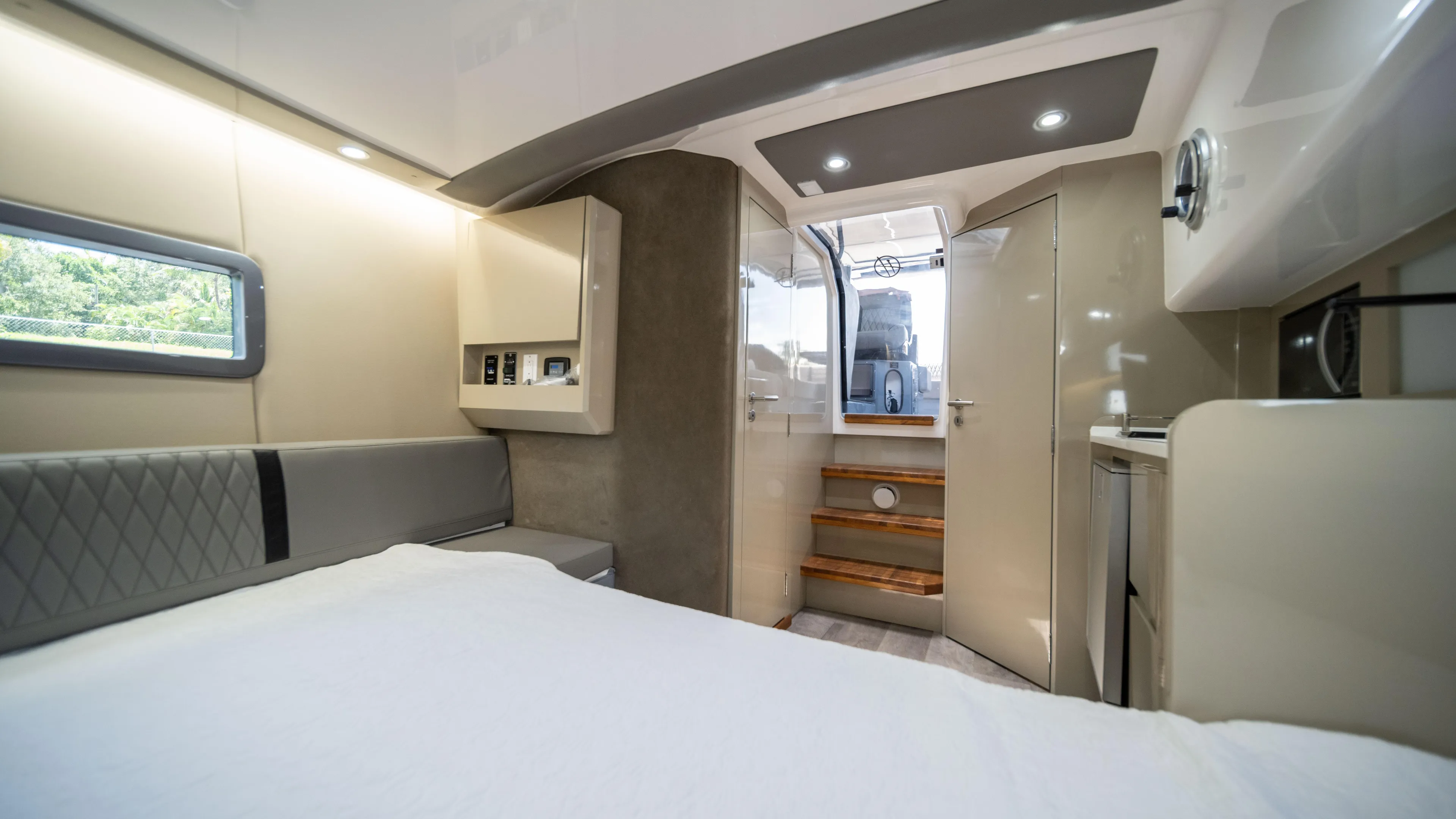 Custom Order Yours Today! Yacht Photos Pics Interior of 2025 Hanover 387 Outboard boat, featuring modern design and comfortable seating.