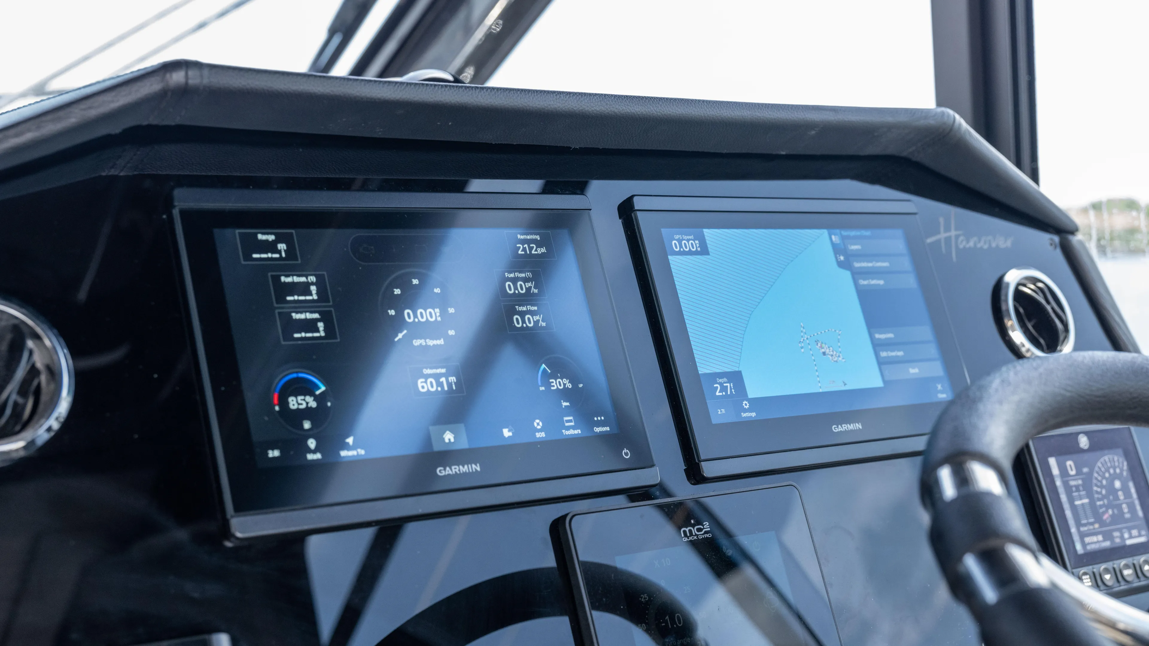 Custom Order Yours Today! Yacht Photos Pics Dashboard of 2025 Hanover 387 Outboard with dual Garmin displays.