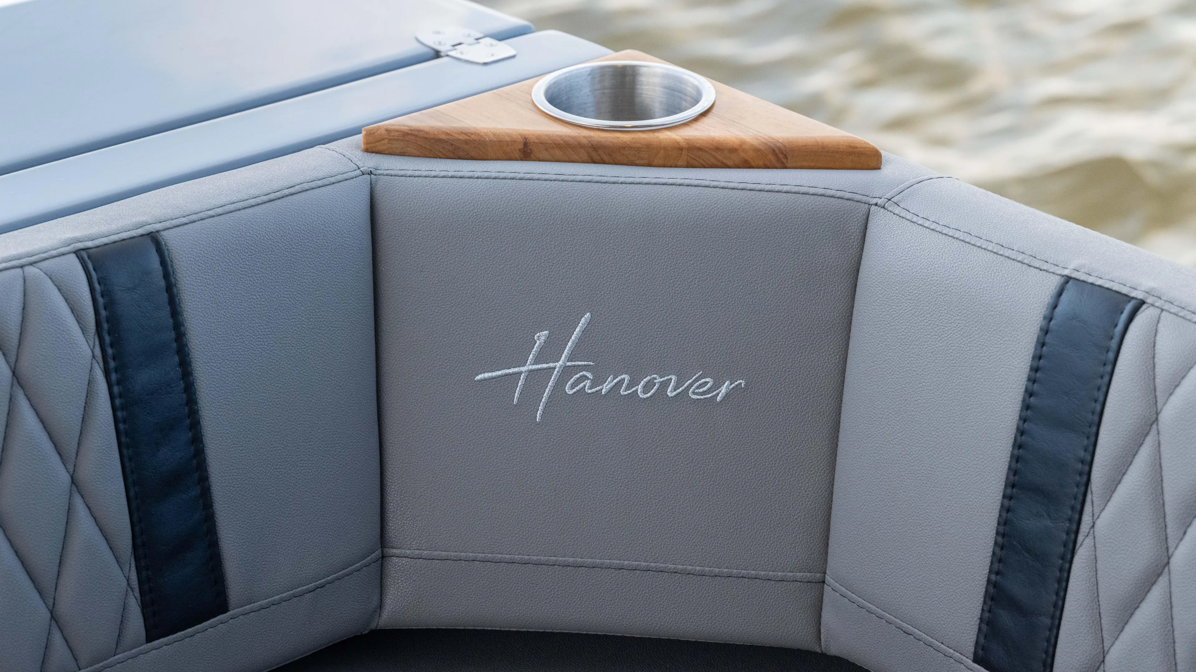 Custom Order Yours Today! Yacht Photos Pics 2025 Hanover 387 Outboard boat interior with cup holder and embroidered logo.