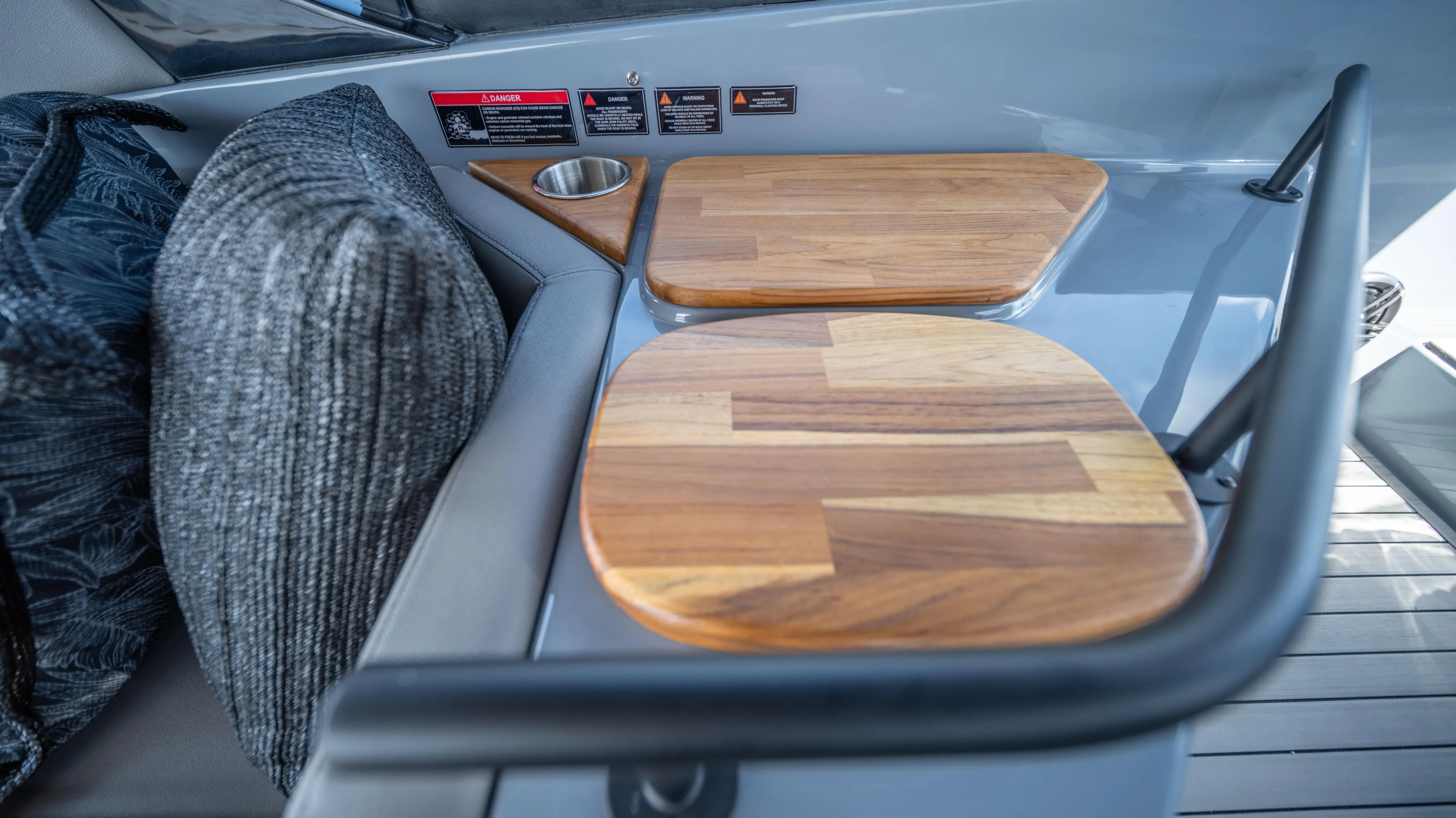 Custom Order Yours Today! Yacht Photos Pics Interior of 2025 Hanover 387 Outboard with wooden table and cushioned seating.